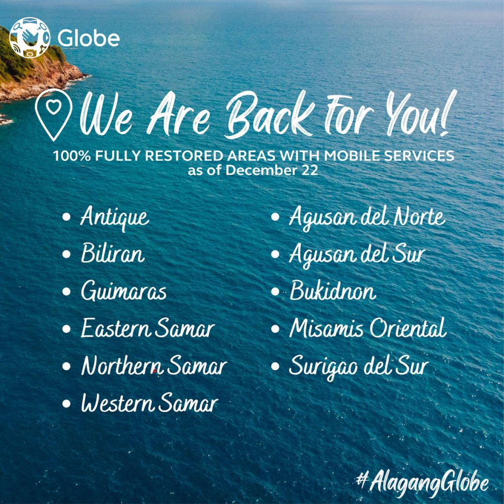 Globe services resumed in Antique, Biliran, Guimaras, and all of Samar; Dinagat Islands, Siargao and Surigao City are now connected 1