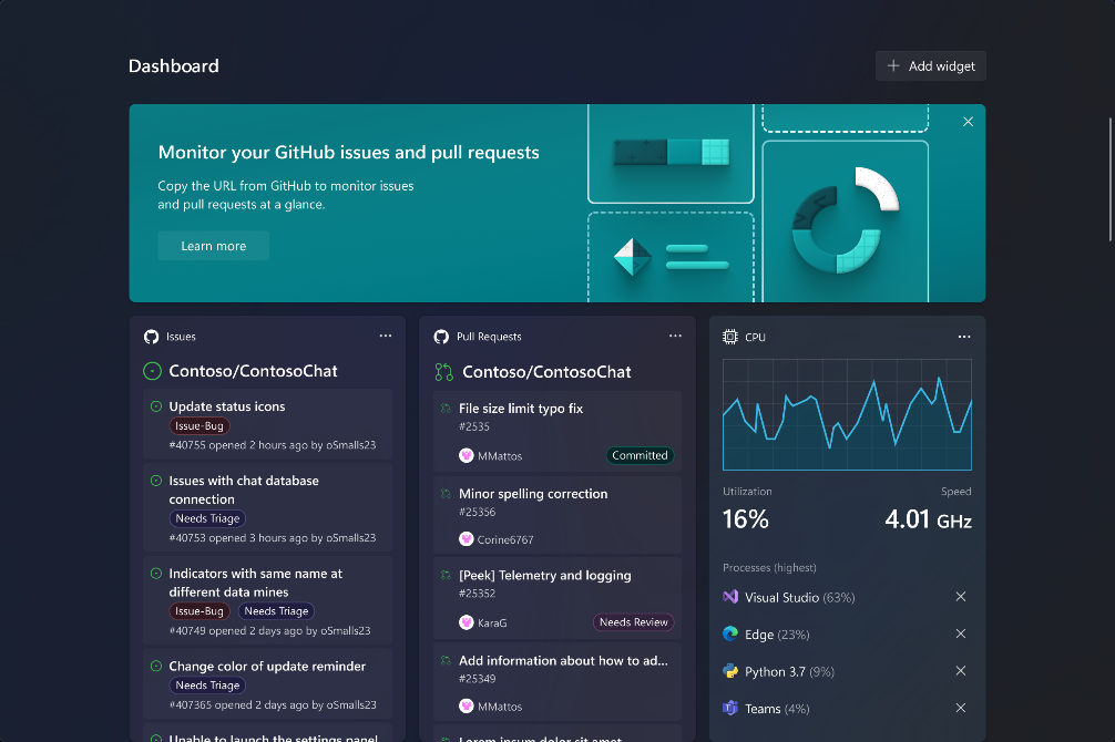 Efficiently track your workflows on a new customizable dashboard in Dev Home