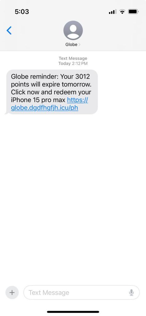An example of a spoofed message received by a Globe customer.