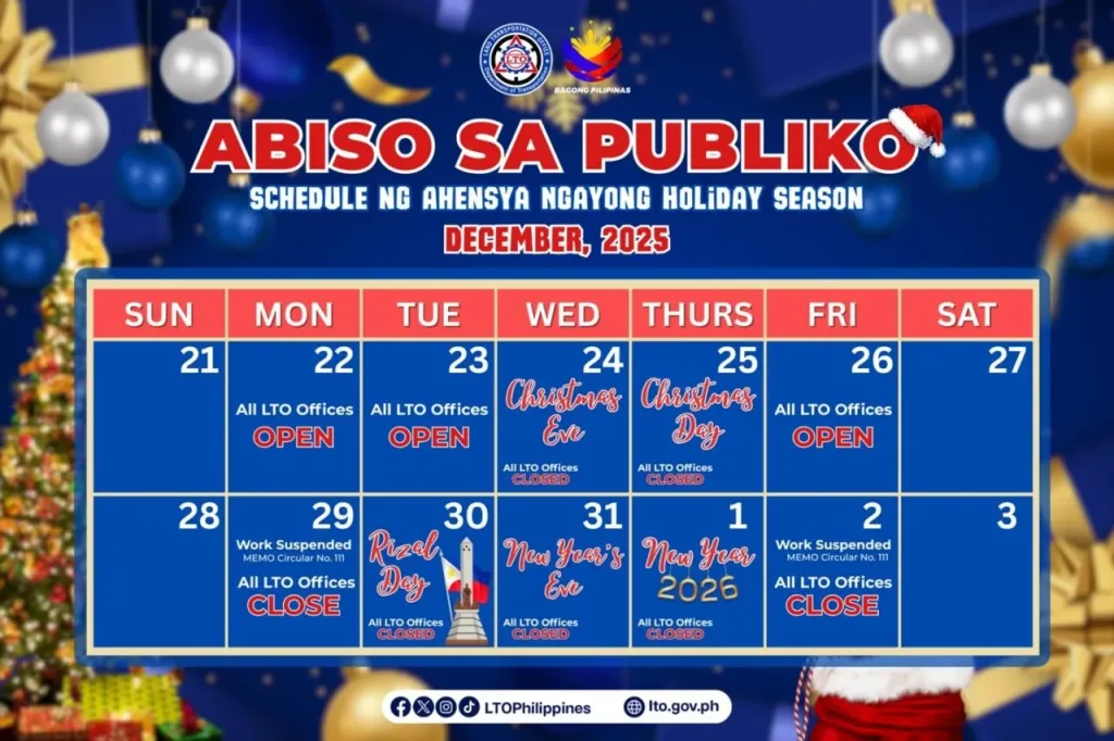 LTO Announces Office Operations Schedule for the Holiday Season