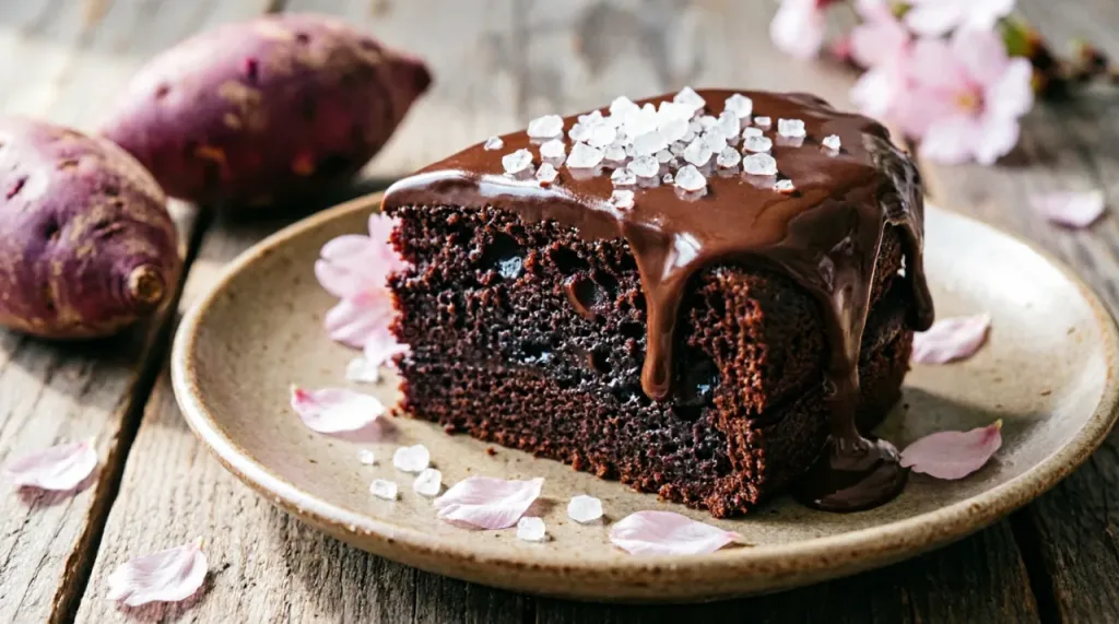 Sumptuous Japanese sweet potato chocolate cake slice with dripping chocolate glaze and sea salt on ceramic plate