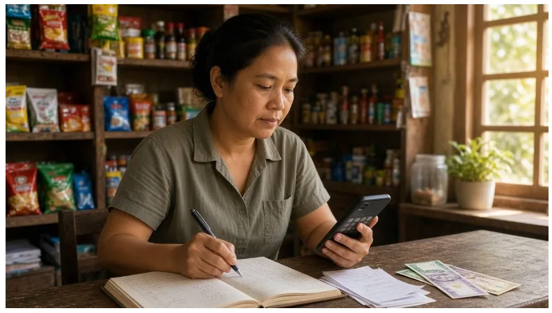 Filipino small business owner reviewing a cash flow ledger at a store counter.