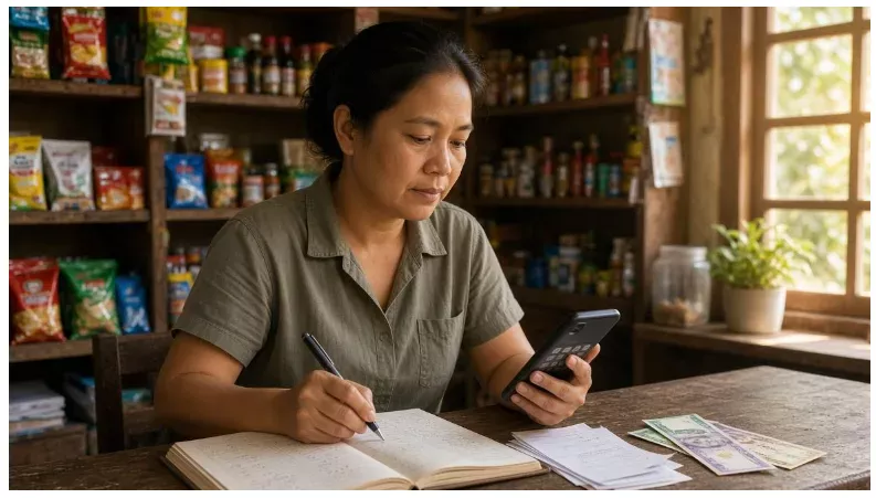 How Filipino Small Businesses Can Bridge Cash Flow Gaps Without Falling Into a Debt Trap 1 Filipino small business owner reviewing a cash flow ledger at a store counter.